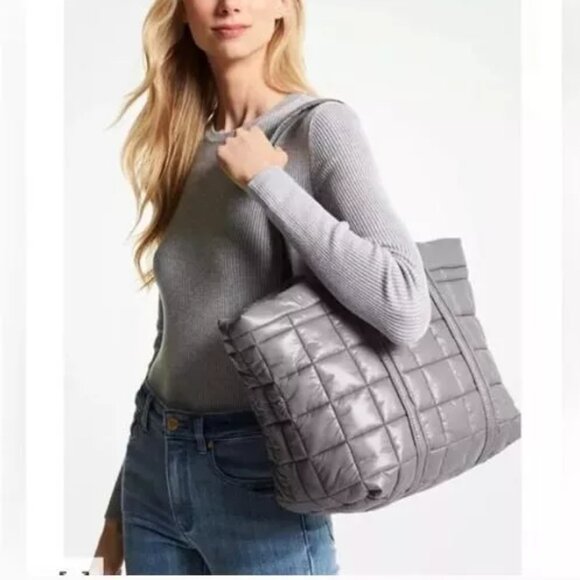 MICHAEL KORS Stirling quilted recycled nylon puffy LARGE travel tote bag -GREY - Picture 7 of 8